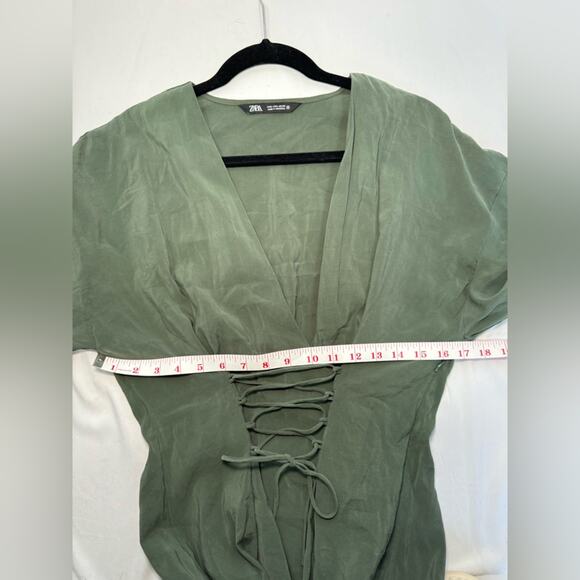 Zara V Neck Lace Up Corset Long Sleeves Flowy Mini Dress Khaki Green Size Large - Picture 12 of 14
